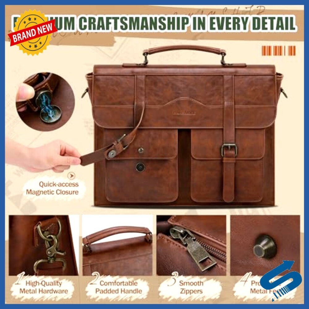 Vintage Leather Messenger Bag Large Satchel Laptop Briefcase Magnetic Closure - Picture 5 of 7